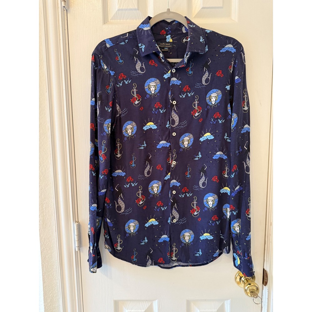 Zara‎ Man Nautical Tattoo Print Shirt Size S Navy Mermaid Sailor Relaxed Fit